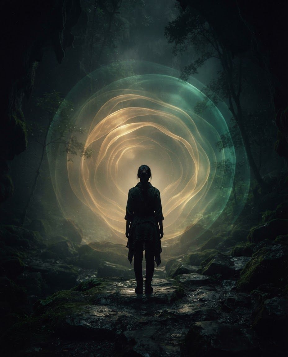 Silhueta contemplativa diante de camadas concêntricas de luz na floresta, arte conceitual