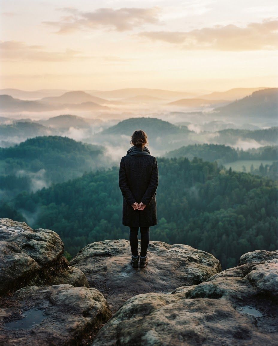 Pessoa contemplando um vale amplo ao amanhecer, arte conceitual de expansão de percepção